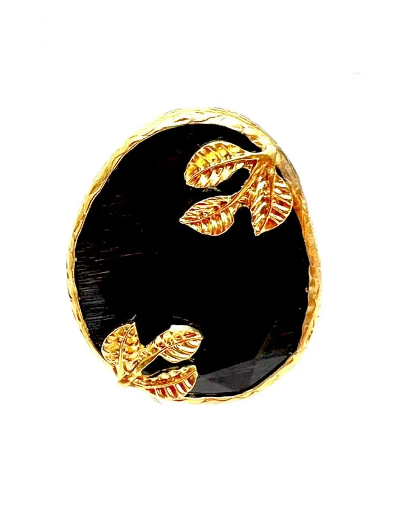 ANILLOS GRANDES NEGROS DE PIEDRA CON HOJAS DORADAS