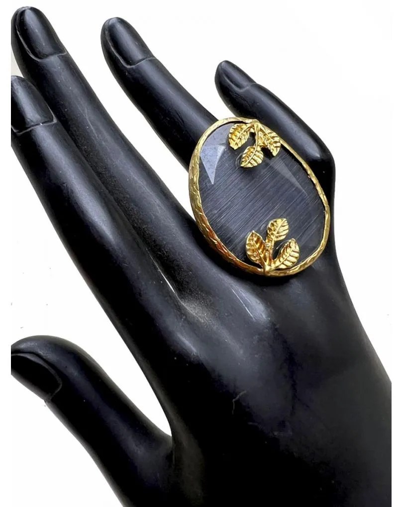 ANILLOS GRANDES NEGROS DE PIEDRA CON HOJAS DORADAS