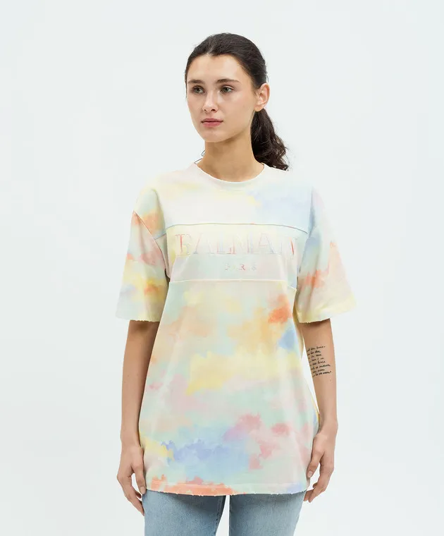 BALMAIN CLOUD VINTAGE TSHIRT WITH LOGO EMBROIDERY