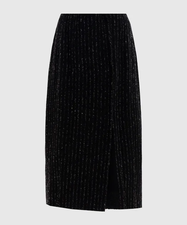 BOBOUTIC Black wool, silk, linen and cashmere striped midi skirt