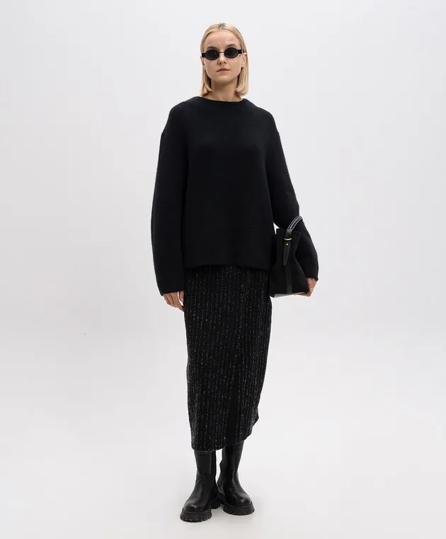 BOBOUTIC Black wool, silk, linen and cashmere striped midi skirt