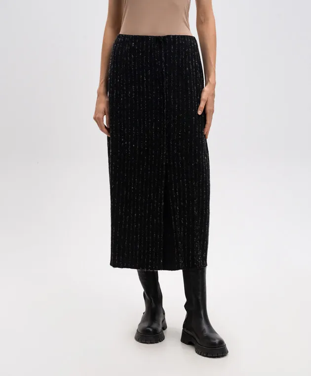BOBOUTIC Black wool, silk, linen and cashmere striped midi skirt