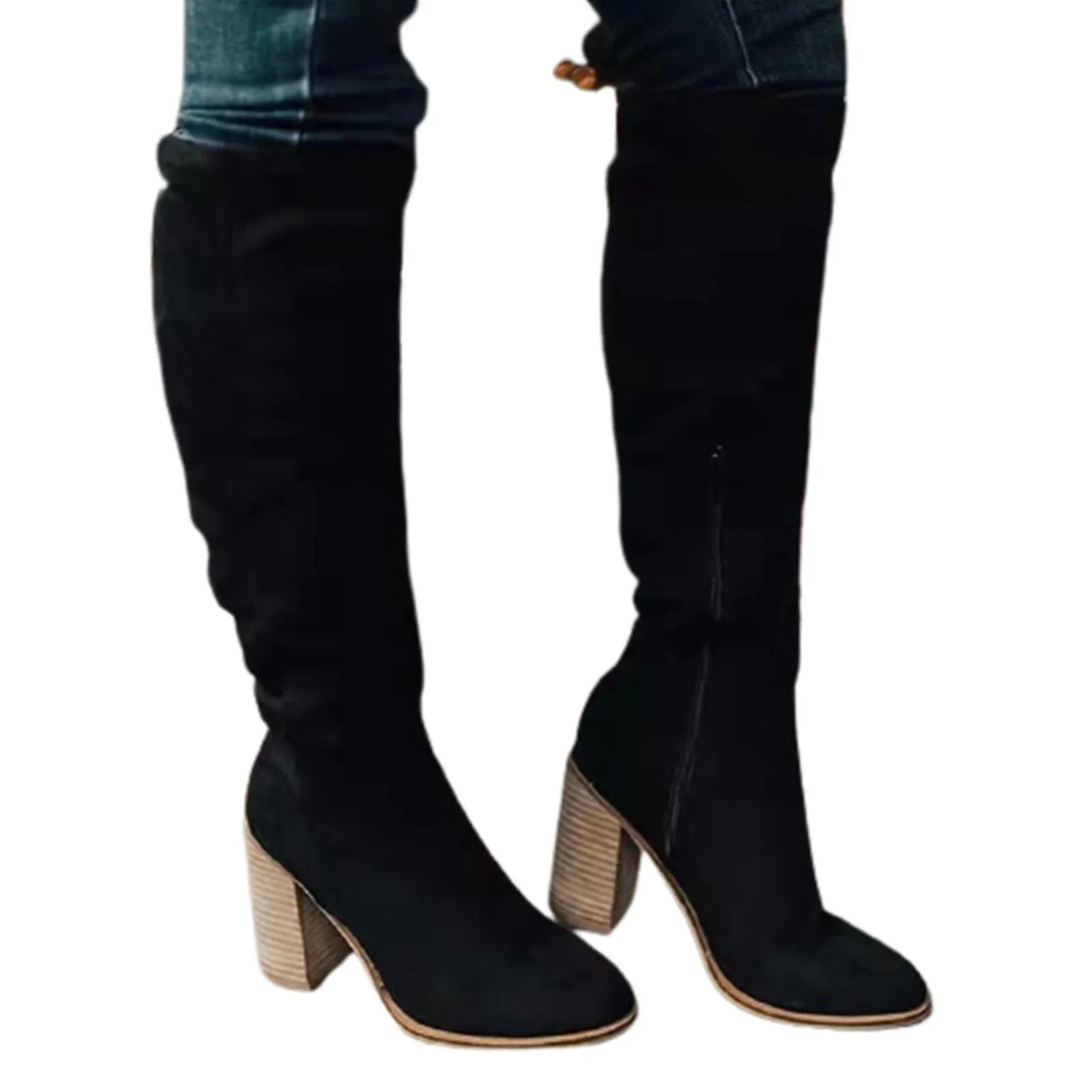 Botas de ante para mujer para invierno botas largas sobre rodillas con tacón grueso fácil de poner de moda