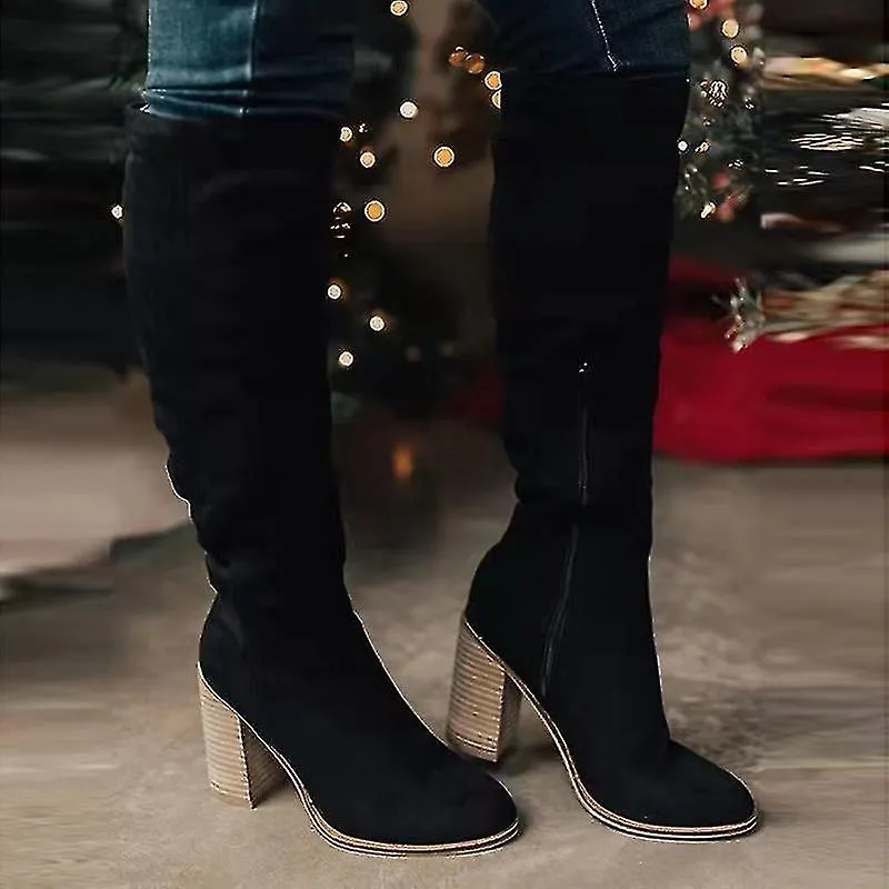Botas de ante para mujer para invierno botas largas sobre rodillas con tacón grueso fácil de poner de moda
