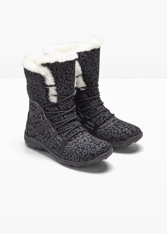 BOTAS DE CORDONES PARA INVIERNO NEGROGRIS OSCURO CON ESTAMPADO DE LEOPARDO
