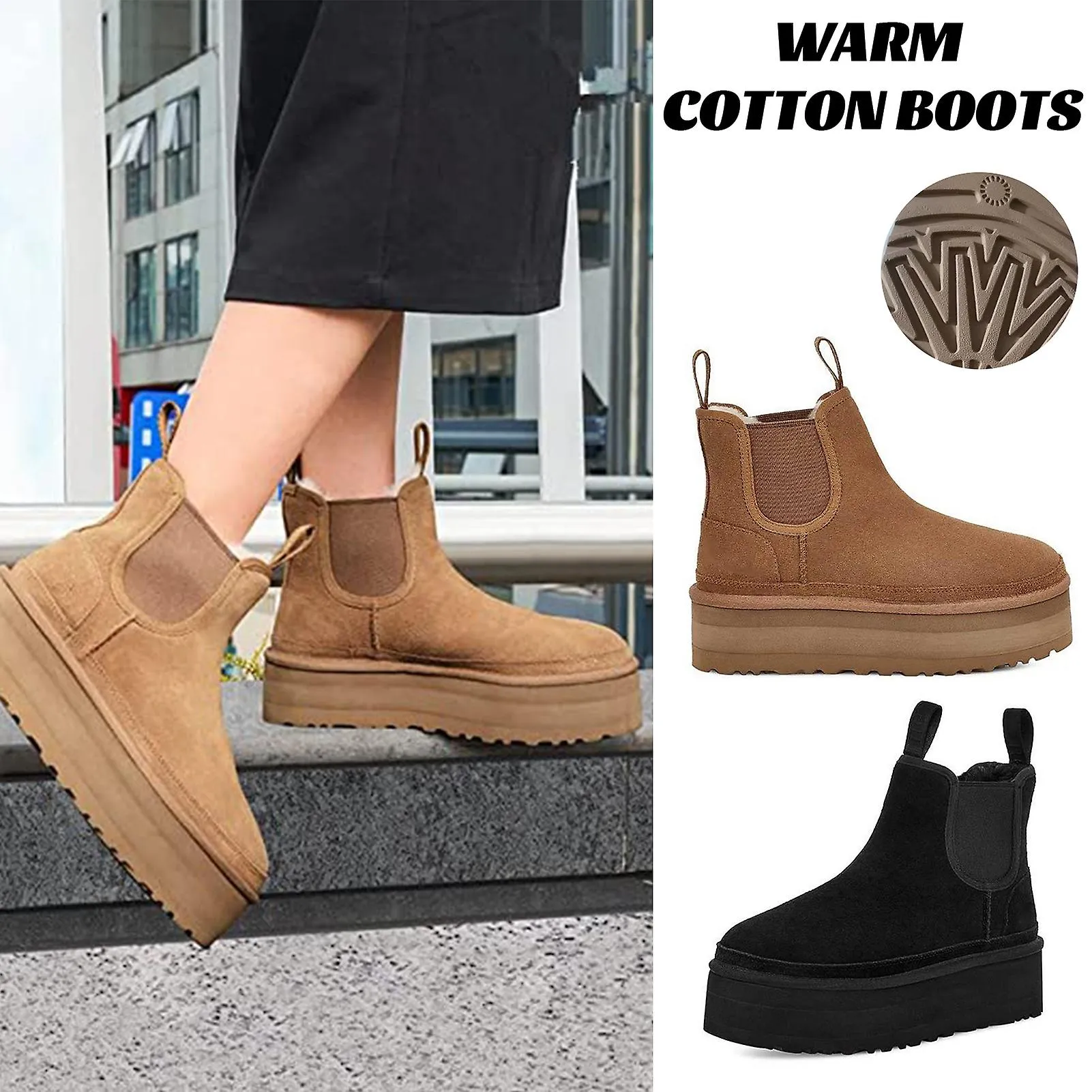 Botines de felpa para mujer Botas cortas de tacón apilado de moda Tacones gruesos de invierno Botas Chelsea