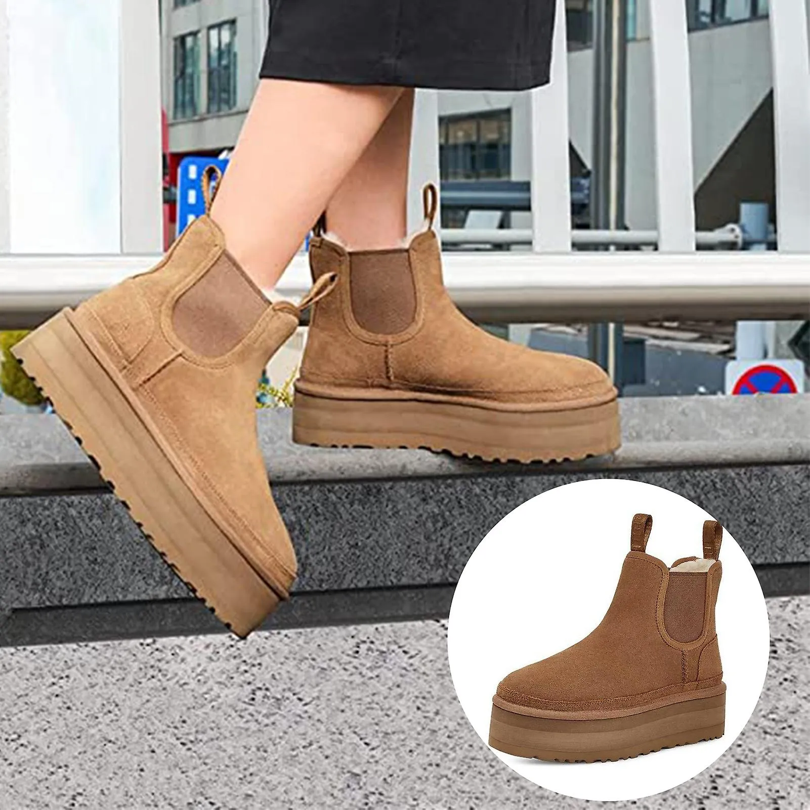 Botines de felpa para mujer Botas cortas de tacón apilado de moda Tacones gruesos de invierno Botas Chelsea
