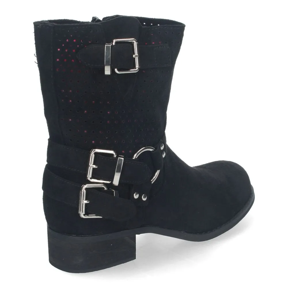 Botines de Mujer con Tacón Bajo y Adornos de Hebillas Estilo Casual Caña Calada Cremallera Lateral P