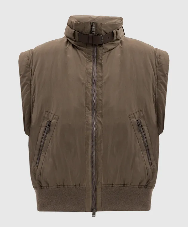 Brunello Cucinelli Brown down vest with ecolatun monil chain