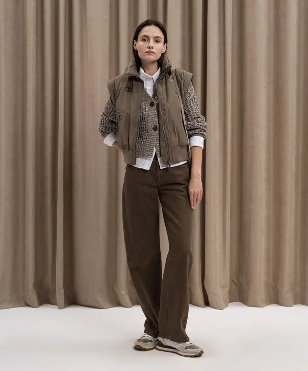 Brunello Cucinelli Brown down vest with ecolatun monil chain
