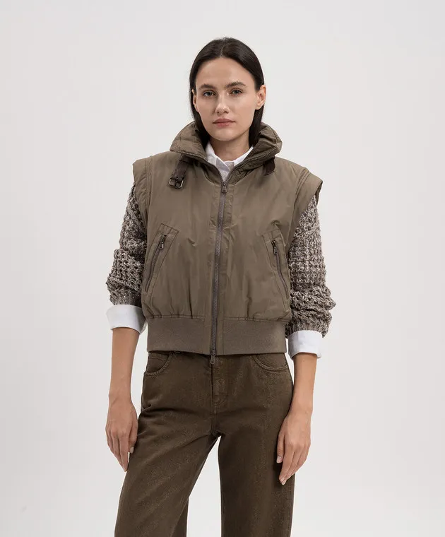 Brunello Cucinelli Brown down vest with ecolatun monil chain