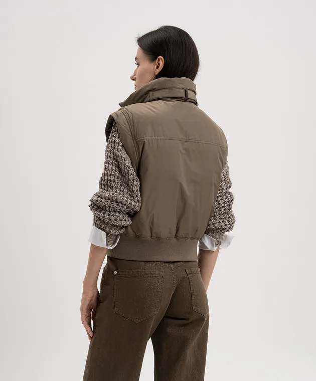 Brunello Cucinelli Brown down vest with ecolatun monil chain