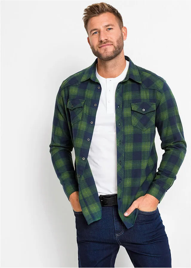 CAMISA DE MANGA LARGA DE FRANELA AZUL OSCUROVERDE DE CUADROS