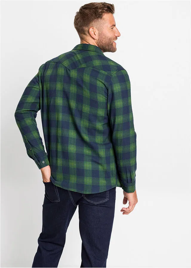 CAMISA DE MANGA LARGA DE FRANELA AZUL OSCUROVERDE DE CUADROS
