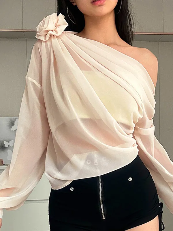 Camisas de manga larga con decoración floral de un hombro