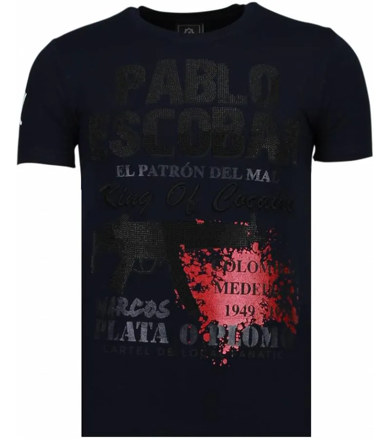 CAMISETAS  PABLO ESCOBAR NARCOS RHINESTONE CAMISETAS PERSONALIZADAS  AZUL