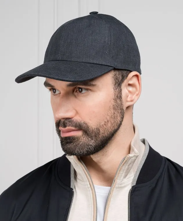 CAPOBIANCO Blue linen cap with metallic logo