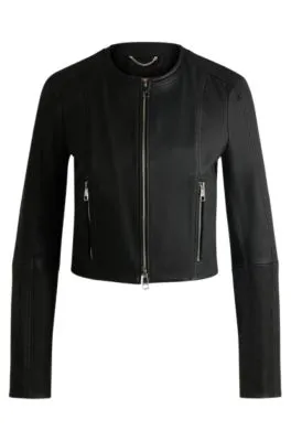 Chaqueta de piel slim fit sin cuello