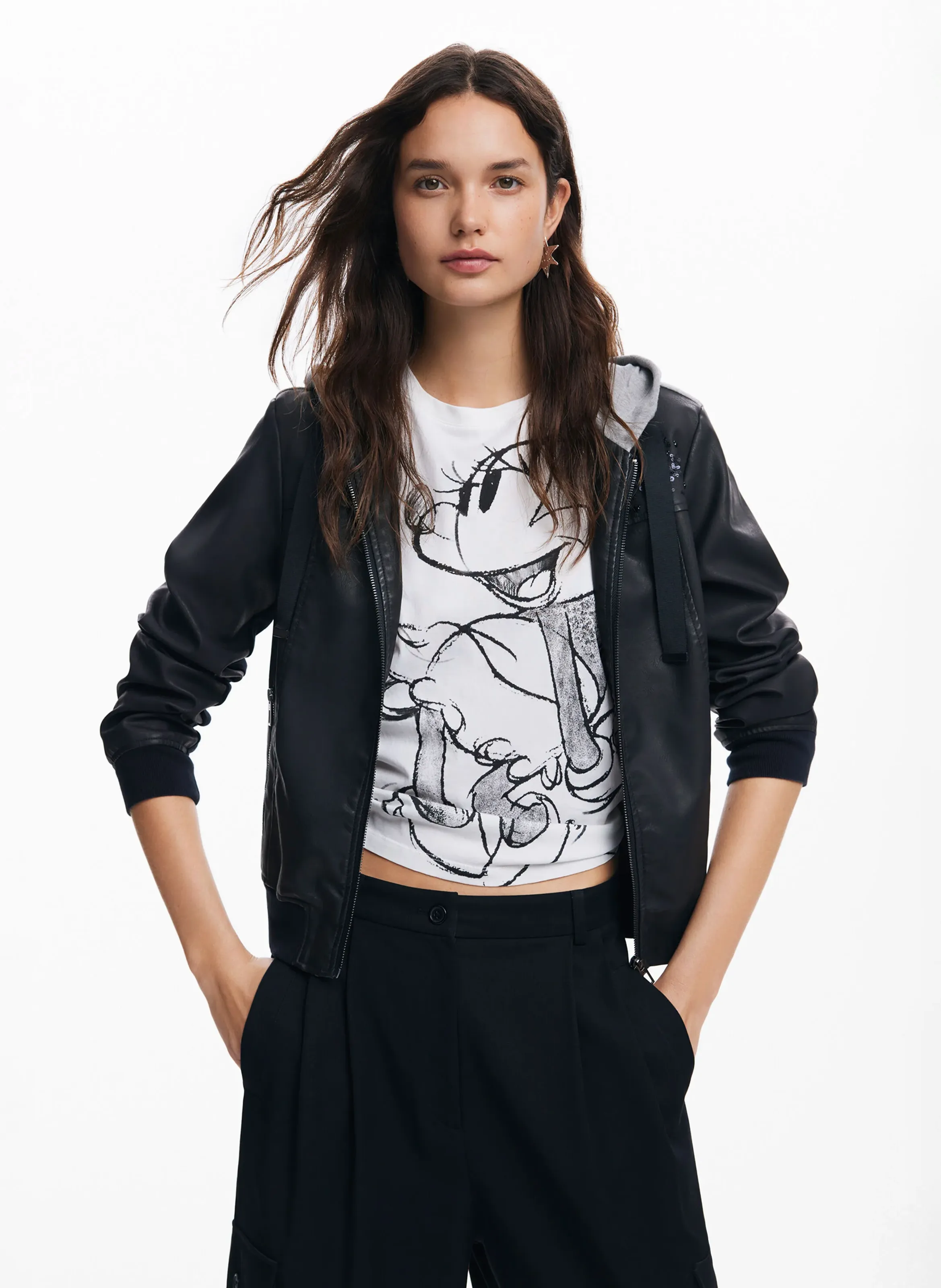 Chaqueta recta de algodón mezclado serigrafiado en negro