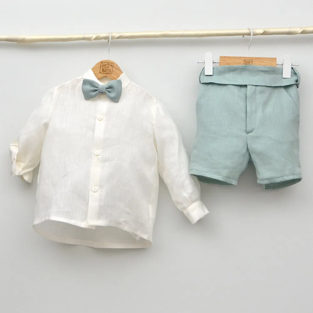 Conjunto lino Beatriz con camisa cuello Mao, pantalón con Fajín y pajarita