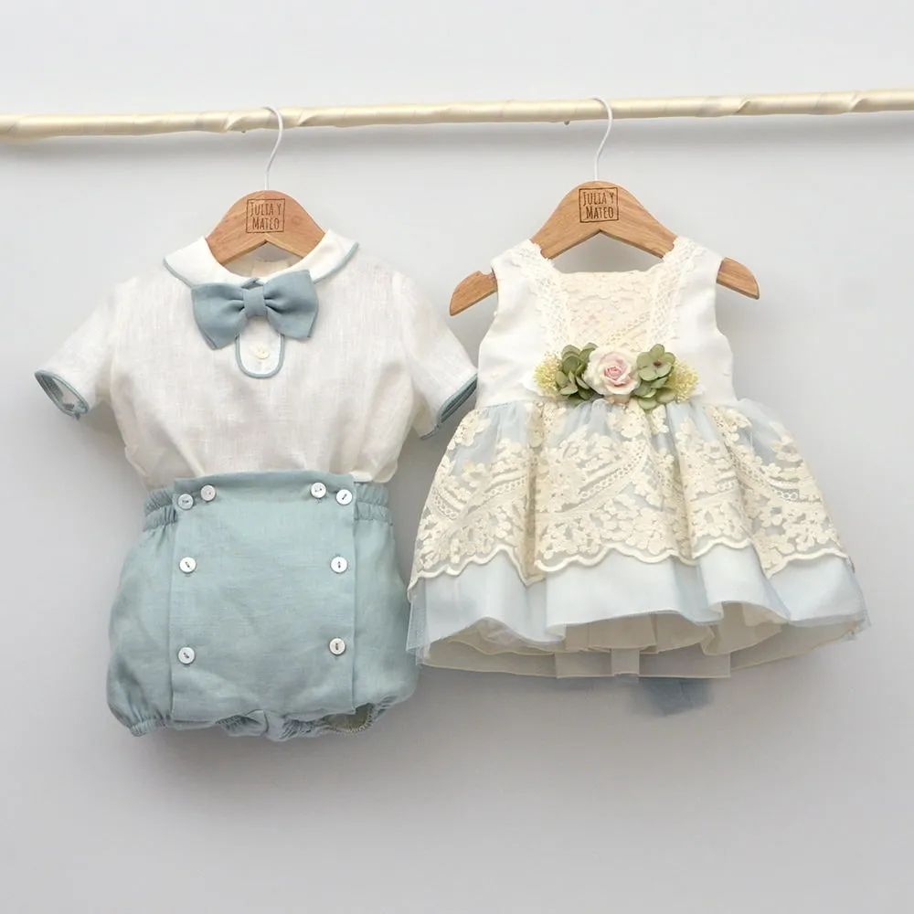 Conjunto lino Beatriz con camisa cuello Mao, pantalón con Fajín y pajarita