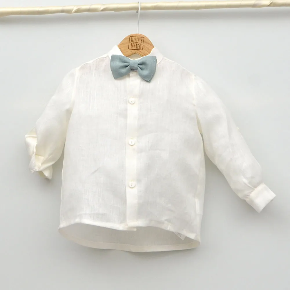 Conjunto lino Beatriz con camisa cuello Mao, pantalón con Fajín y pajarita
