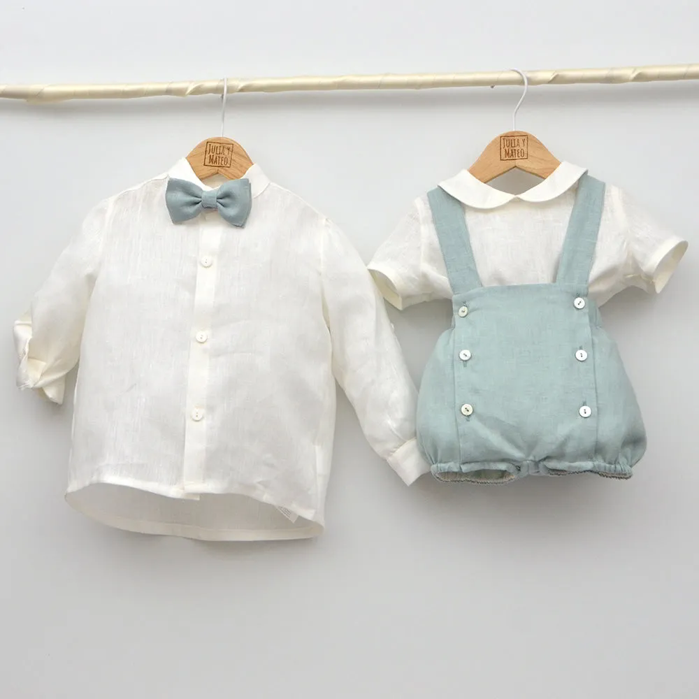 Conjunto lino Beatriz con camisa cuello Mao, pantalón con Fajín y pajarita