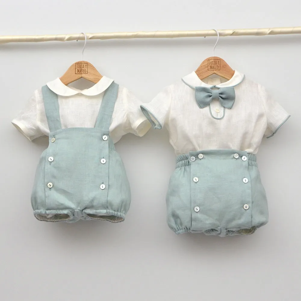 Conjunto lino Beatriz con camisa cuello Mao, pantalón con Fajín y pajarita