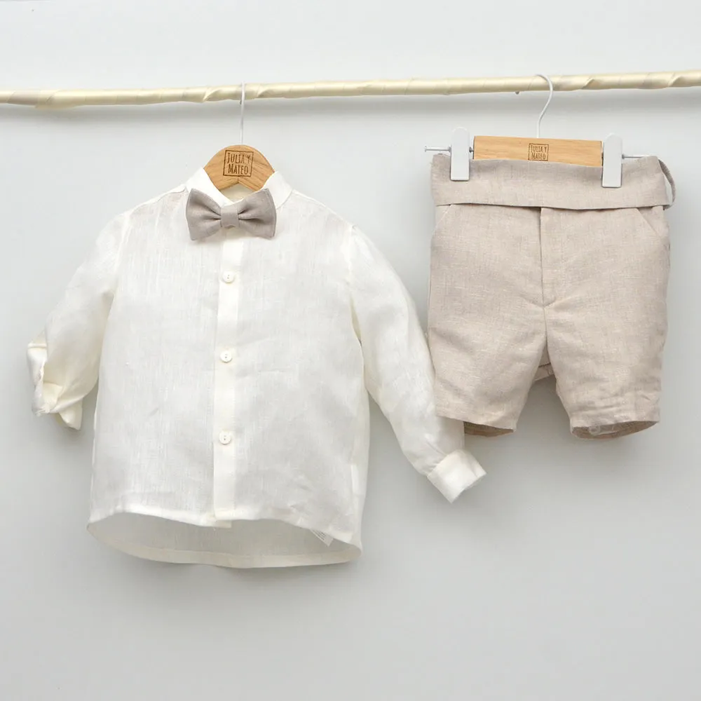 Conjunto lino Leo con camisa cuello Mao, pantalón con Fajín y pajarita