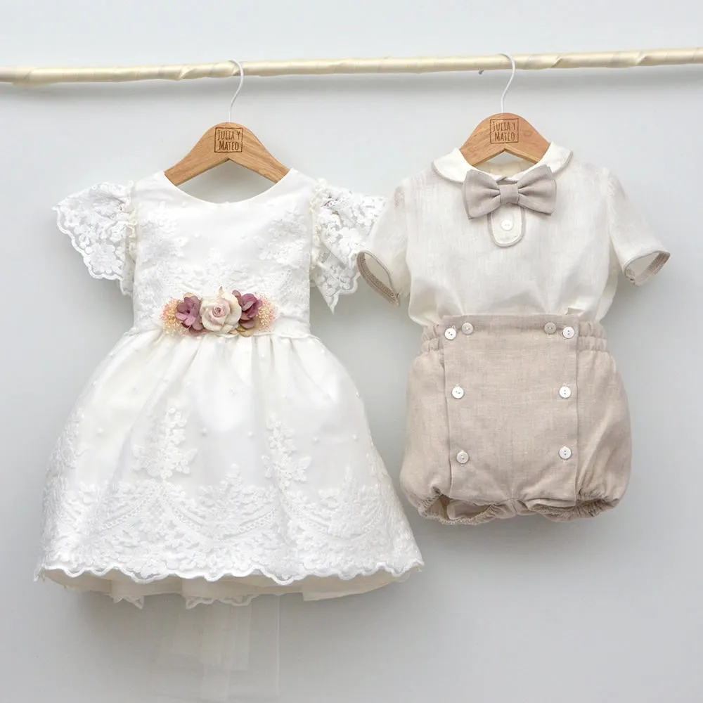 Conjunto lino Leo con camisa cuello Mao, pantalón con Fajín y pajarita