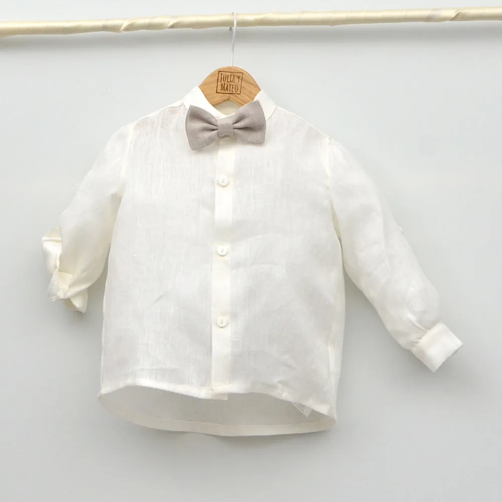 Conjunto lino Leo con camisa cuello Mao, pantalón con Fajín y pajarita