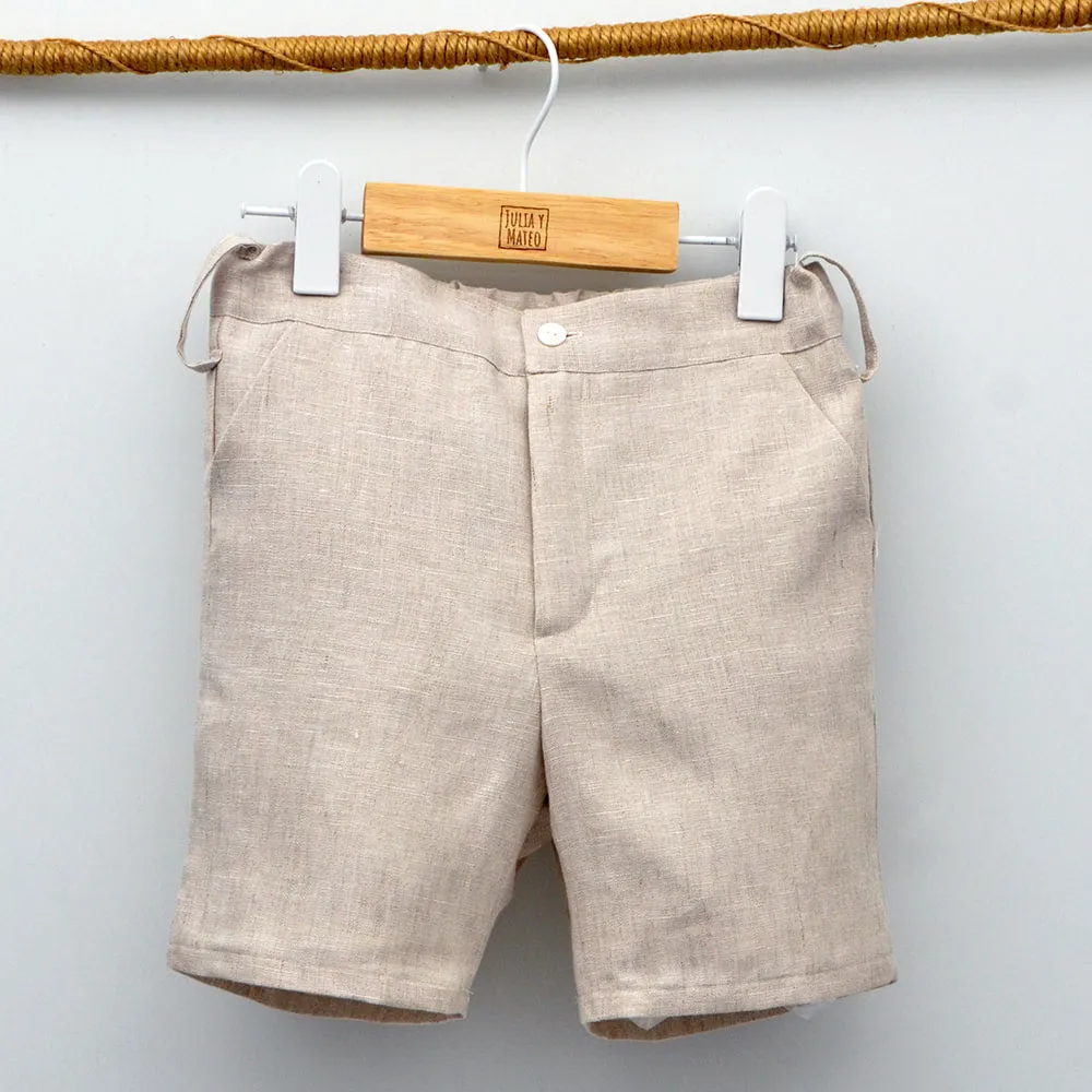 Conjunto lino Leo con camisa cuello Mao, pantalón con Fajín y pajarita