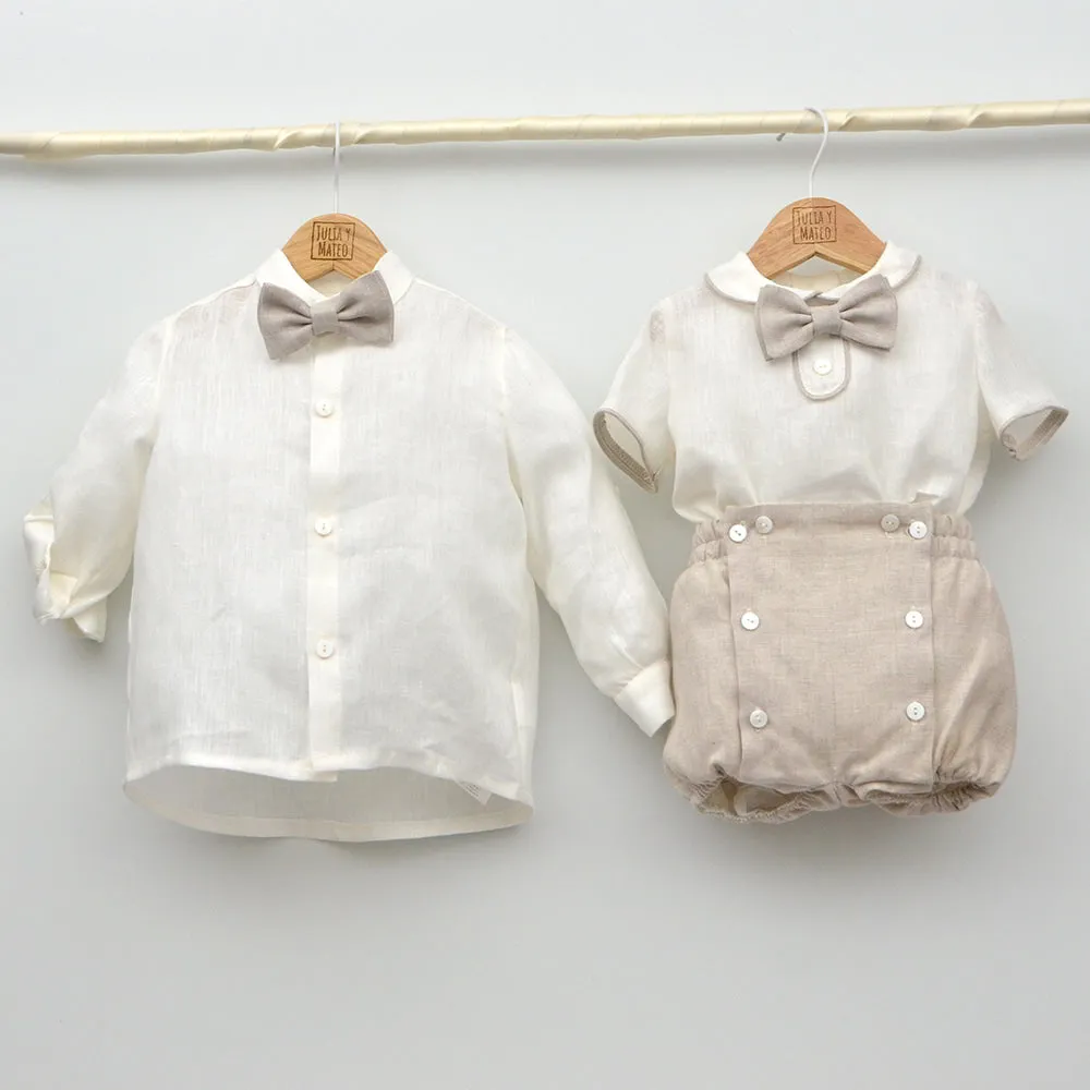Conjunto lino Leo con camisa cuello Mao, pantalón con Fajín y pajarita