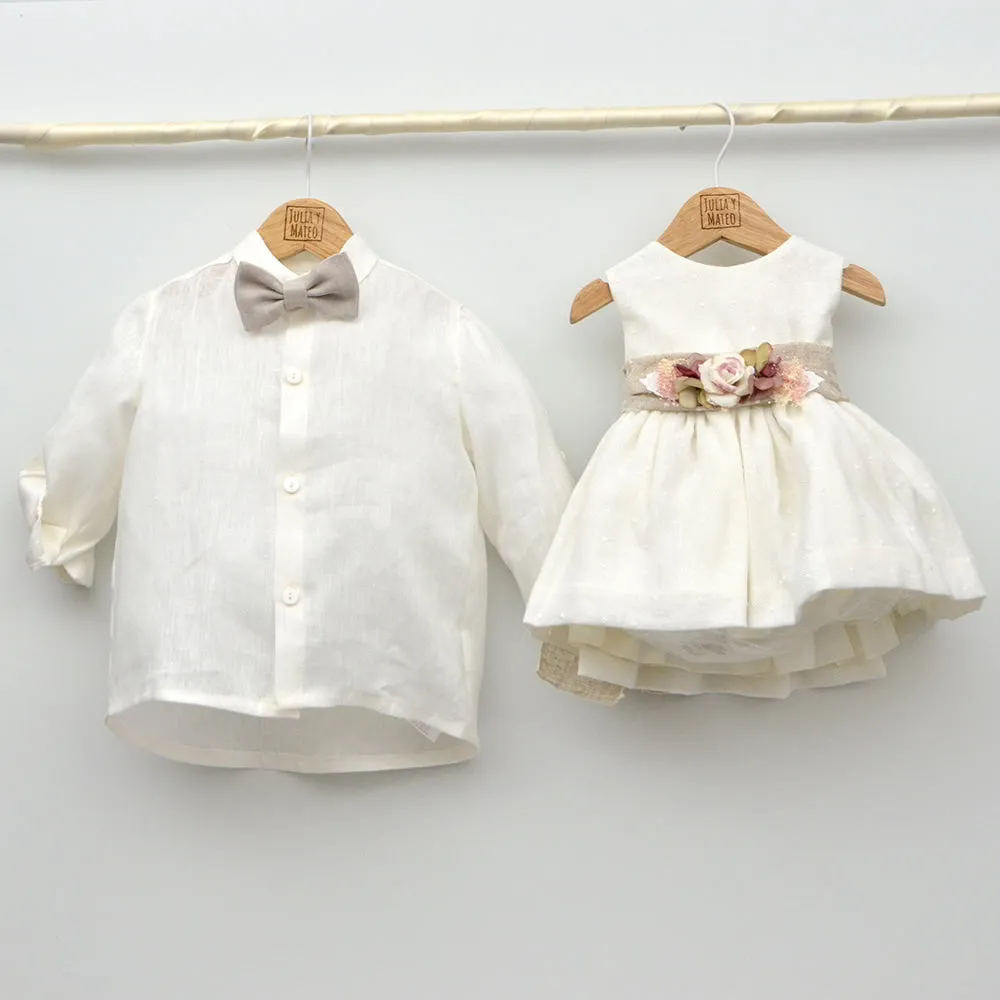 Conjunto lino Leo con camisa cuello Mao, pantalón con Fajín y pajarita