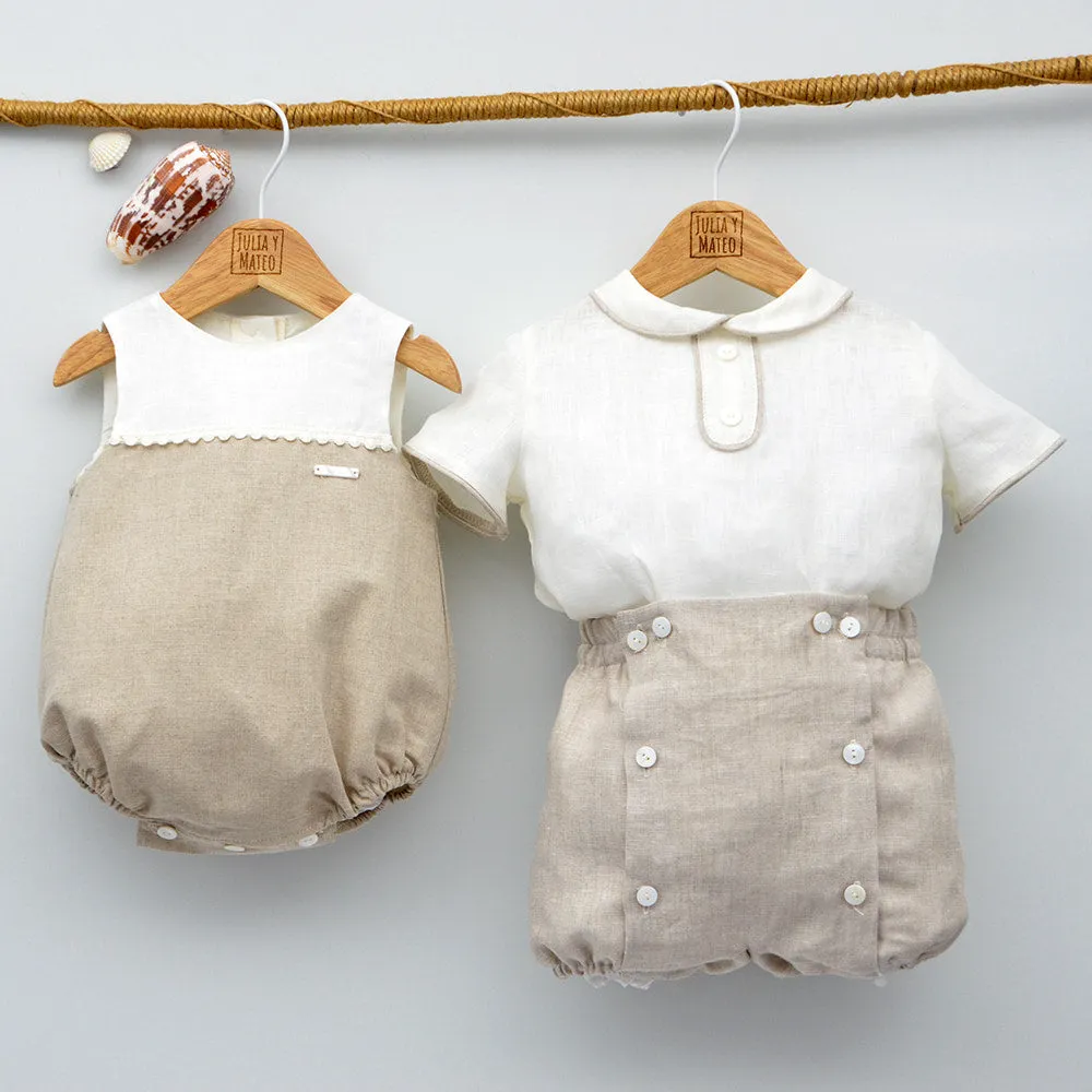 Conjunto lino Leo con camisa cuello Mao, pantalón con Fajín y pajarita