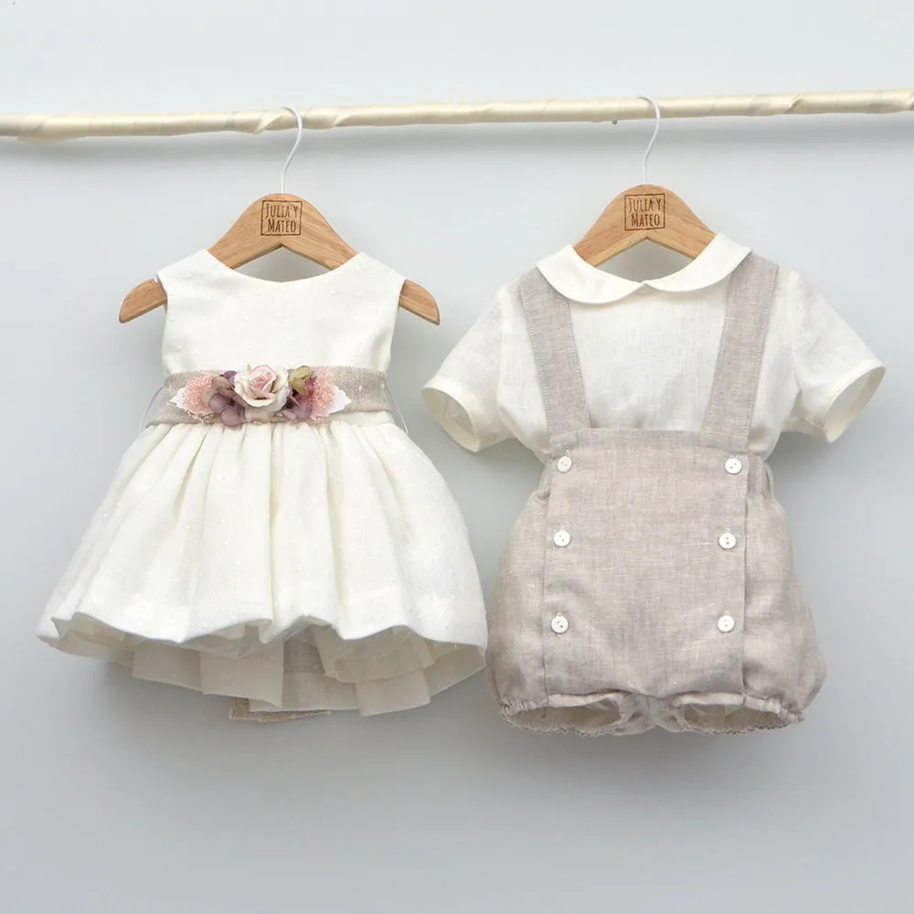 Conjunto lino Leo con camisa cuello Mao, pantalón con Fajín y pajarita