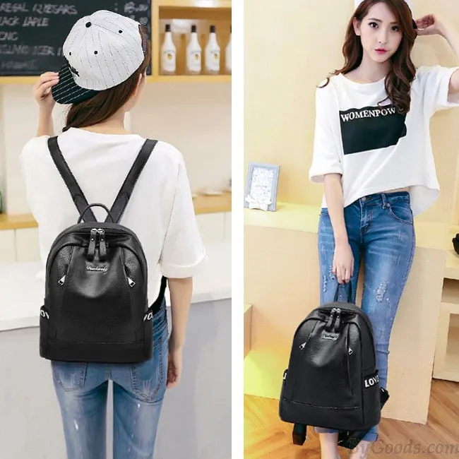 Fashion Black Pink Love Pocket Nylon PU Simple Large School Backpack