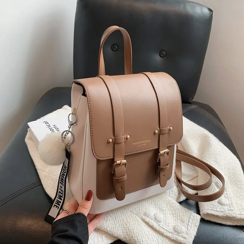 Fashion Double Buckle Rucksack Waterproof Faux Leather Daypack School Backpack 