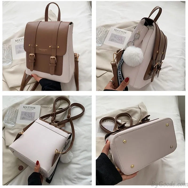Fashion Double Buckle Rucksack Waterproof Faux Leather Daypack School Backpack 