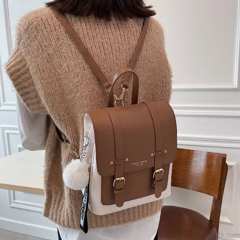 Fashion Double Buckle Rucksack Waterproof Faux Leather Daypack School Backpack 