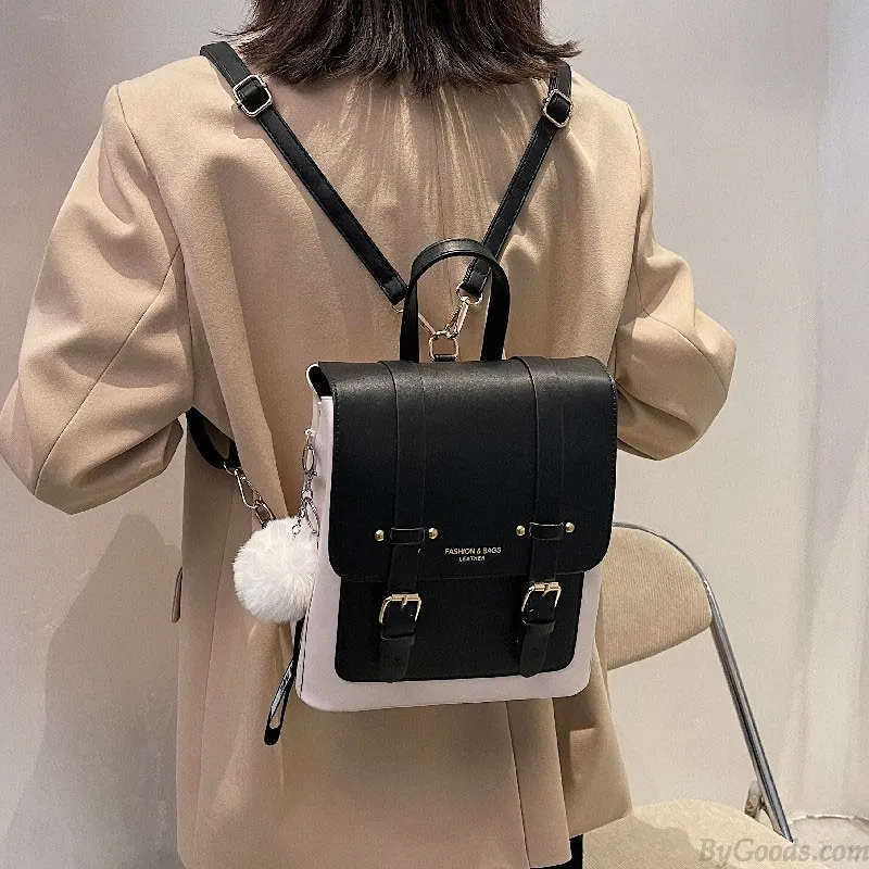 Fashion Double Buckle Rucksack Waterproof Faux Leather Daypack School Backpack 
