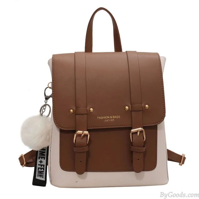 Fashion Double Buckle Rucksack Waterproof Faux Leather Daypack School Backpack 