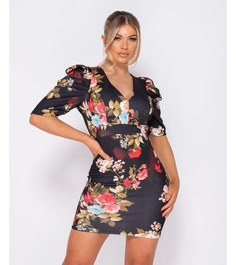 IMPRESIóN FLORAL ABULTADA  BODYCON MINI VESTIDO  MUJER  NEGRO
