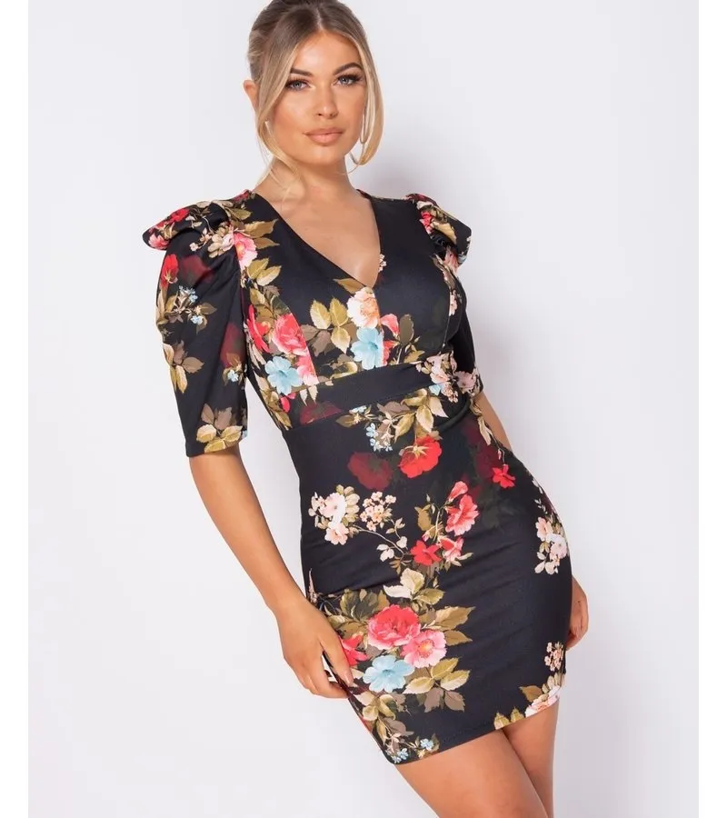IMPRESIóN FLORAL ABULTADA  BODYCON MINI VESTIDO  MUJER  NEGRO