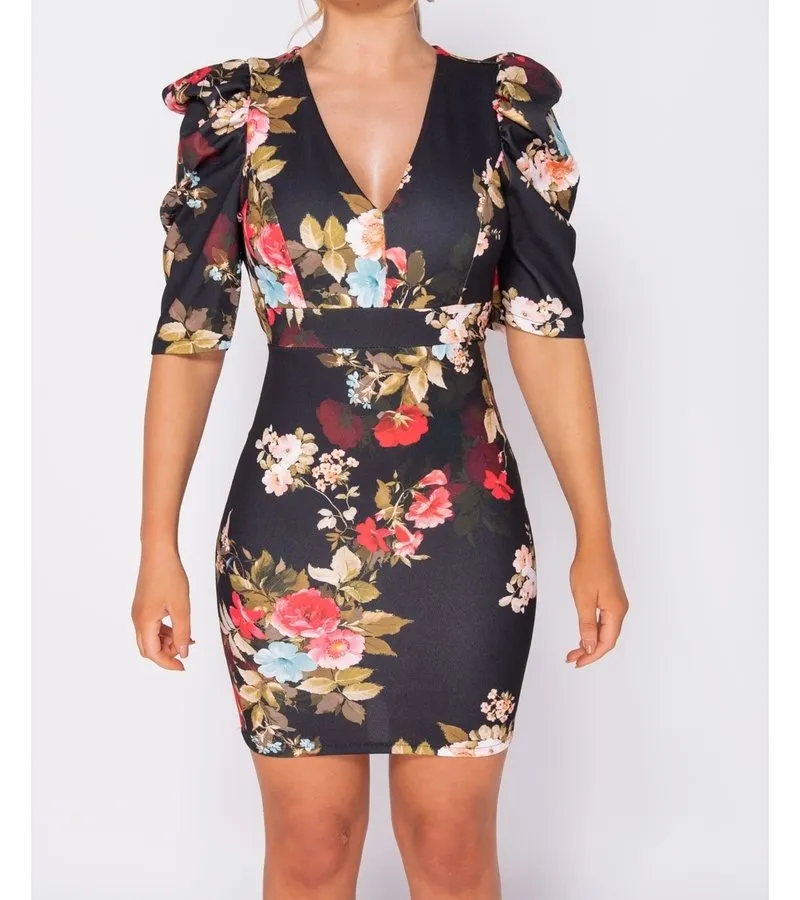 IMPRESIóN FLORAL ABULTADA  BODYCON MINI VESTIDO  MUJER  NEGRO