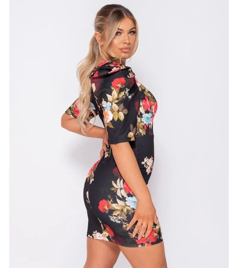 IMPRESIóN FLORAL ABULTADA  BODYCON MINI VESTIDO  MUJER  NEGRO