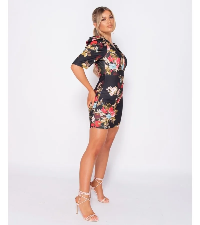 IMPRESIóN FLORAL ABULTADA  BODYCON MINI VESTIDO  MUJER  NEGRO