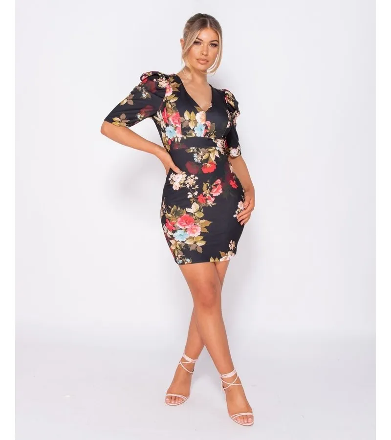 IMPRESIóN FLORAL ABULTADA  BODYCON MINI VESTIDO  MUJER  NEGRO
