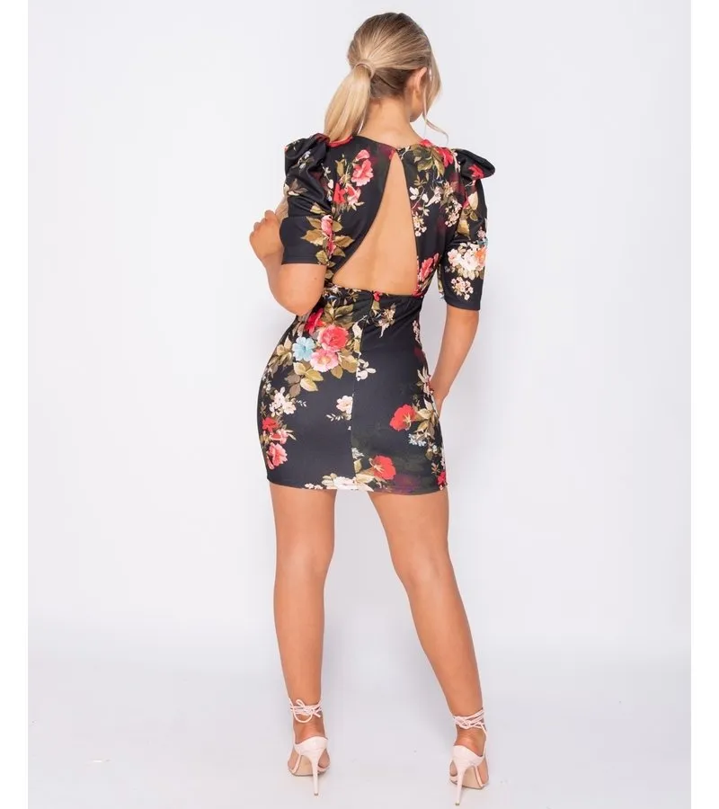 IMPRESIóN FLORAL ABULTADA  BODYCON MINI VESTIDO  MUJER  NEGRO
