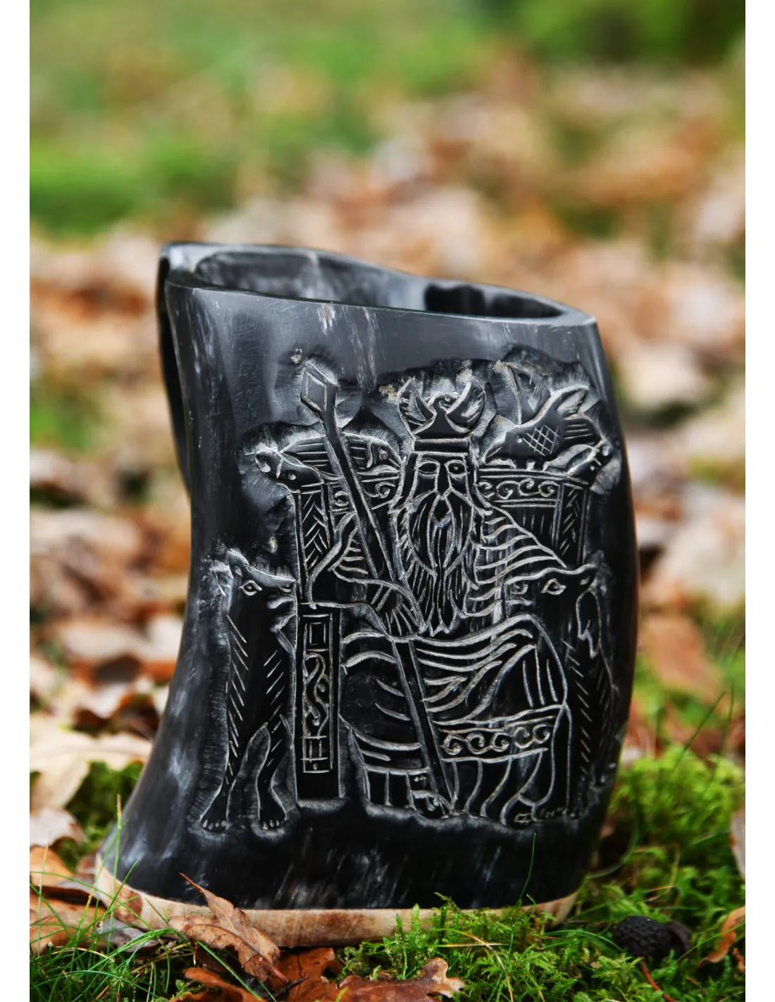 Jarra vikinga de hidromiel diseño Odín, base de madera